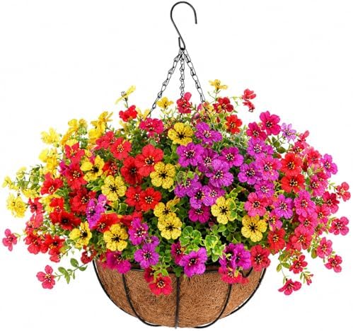 Artificial Hanging Basket, 12 Pcs Mixed Color Mums UV Resistant Outdoor by GeegoodsLLC