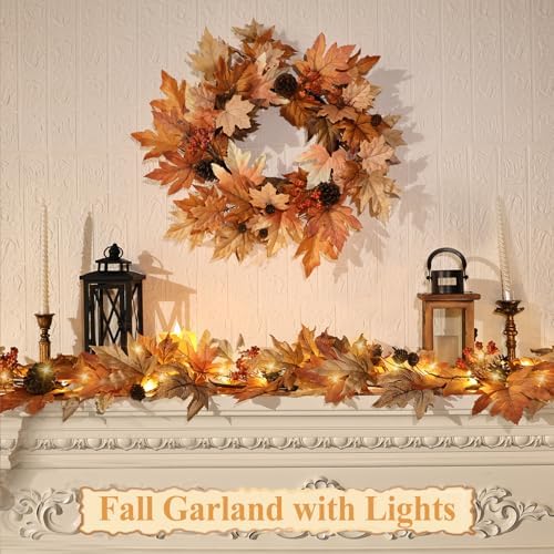 9 FT Lighted Fall Garland with Lights Autumn Automatic ON/Off Timer - Image 2
