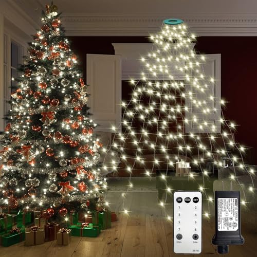 VIL Christmas Tree Lights with Ring,8.2Ft 16 Line 448 LED Green Wire Fairy Waterfall String Light Plug in,Dimmable Cascading Lights with 8 Lighting Modes for Indoor Outdoor Xmas Tree(Cool White) by Unknown
