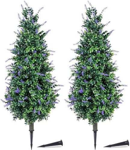 PATIO CHOICE 3ft Artificial Topiary Trees with Lavender Set of 2 Outdoor Faux Plants Artificial Realistic Fake Bushes Decorations for Outdoor Front Porch Garden (Lavender, 36in) by LittleBeaver