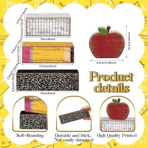 Lineshading 4 Pcs Back To School Table Decorations Wooden Apple Block Signs - Image 3