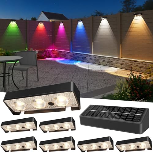 JOFIOS Solar Fence Lights Outdoor, 8 Pack, 9 Fixed Colors ＆ Color Changing Fence Lights Solar Powered Waterproof IP65 Dusk-to-Dawn LED Deck Lighting for Patio, Railing, Pool, Porch, Backyard, Wall by JOFIOS