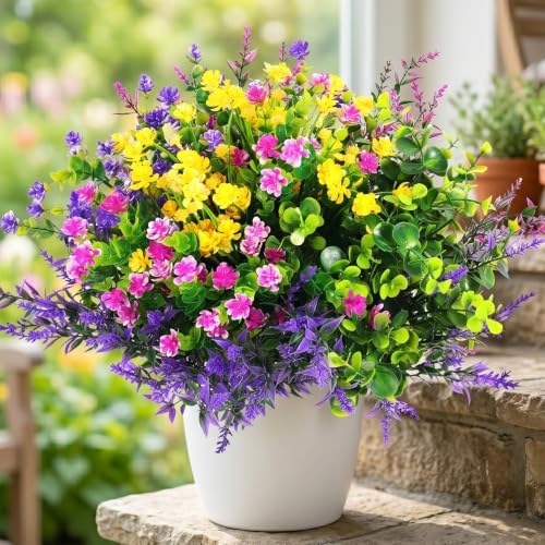 Hananona 24 Pcs Artificial Flowers Outdoor, Faux Artificial Plants UV Resistant Plastic Flower Bulk for Hanging Planter Porch Window Home Wedding Summer Decor (24, Fuchsia, Purple, Yellow, Green) by HANANONA