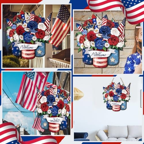Patriotic Decoration American Flag Welcome Door Sign Independence Day Wreath for Front Door Red White Blue American Flag Hanging Sign 250th Anniversary Decor for Home Doors - Image 6