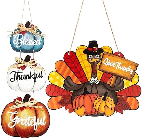 Thanksgiving Decoration Wood Pumpkin Turkey Door Wall Wreath for Front Door Sign Thankful Blessed Grateful, Pumpkin Sign for Fall Autumn Harvest Home Thanksgiving Party Outdoor Halloween Decoration by Sophena