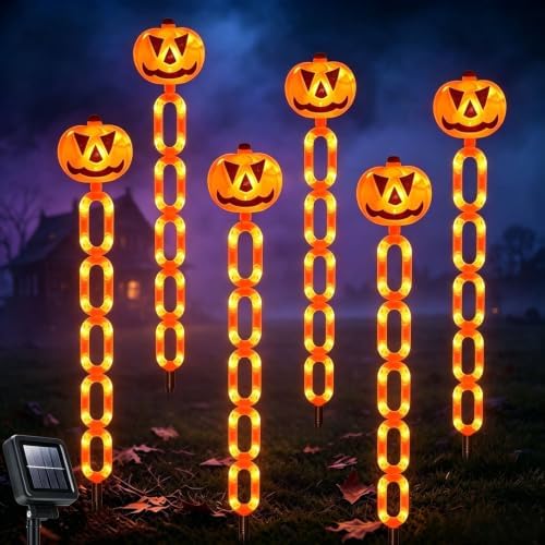 Halloween Decorations Outdoor Solar Pumpkin Chain Stake Lights, 6 Pack Orange Jack O Lantern Halloween Pathway Decor Lights for Halloween Display Garden Yard Lawn Grave Porch Spooky Decor - Image 4