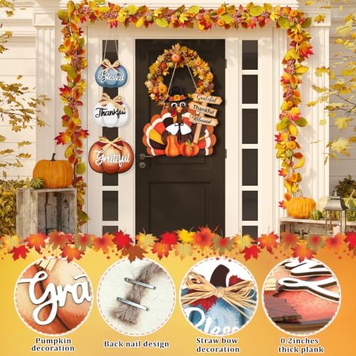 Thanksgiving Decoration Wood Pumpkin Turkey Door Wall Wreath for Front Door Sign Thankful Blessed Grateful, Pumpkin Sign for Fall Autumn Harvest Home Thanksgiving Party Outdoor Halloween Decoration - Image 2
