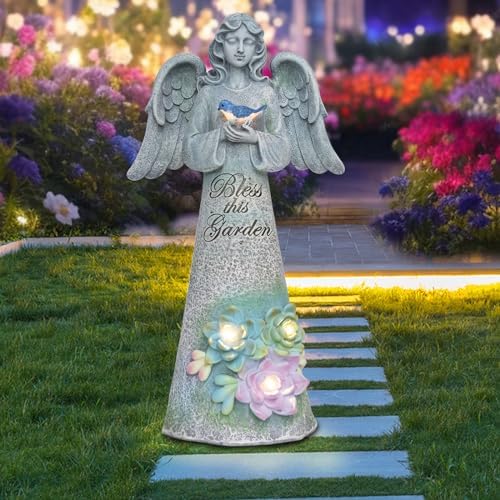 Angel Garden Statue Outdoor, Solar Angel Holding Bird with Succulent Lights - Image 3