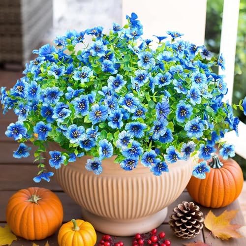 HyeFlora Artificial Flowers for Outdoor Indoor Garden Home Decoration, Faux Flower Daisy with Eucalyptus Leaves Fake Plants Greenery Boxwood Porch Patio, 12 Bundles (Blue) by HyeFloraartificialflowers