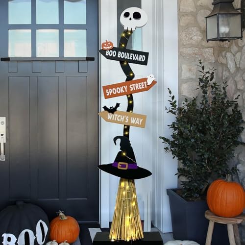 Lighted Halloween Wooden Witch Broom for Indoor Outdoor Decorations by Dazonge