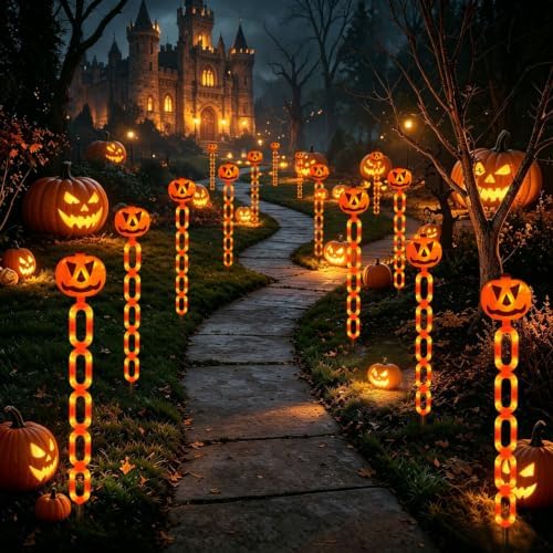 Halloween Decorations Outdoor Solar Pumpkin Chain Stake Lights, 6 Pack Orange Jack O Lantern Halloween Pathway Decor Lights for Halloween Display Garden Yard Lawn Grave Porch Spooky Decor - Image 5