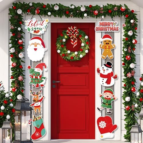 CroBlissful 2 Sets Christmas Porch Sign Santa Snowman Elf Door Banner - Image 2