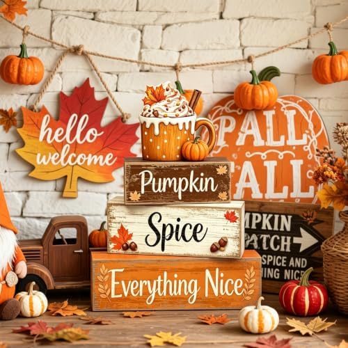 4 Pcs Pumpkin Spice Fall Tiered Tray Decor, Rustic Wooden Stacked Block Signs, 3D Pumpkin Latte Cup Topper Autumn Coffee‑Bar Table Centerpiece, Farmhouse Thanksgiving Harvest Home Shelf Decor - Image 5