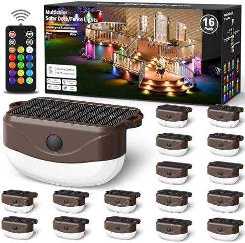 Solar Deck Lights Outdoor 16 Pack, 12 Color Changing Solar Powered Step Lighting with Remote, IP67 Waterproof Led RGB Colors Lamp for Outside Fence, Step, Stair Railing, Wall, Patio, Pool by Unknown