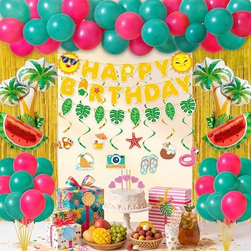 JOYIN Summer Hawaiian Birthday Party Decorations, 76PCS Party in Summer Supplies with Banner, Foil & Latex Balloons, Spiral Swirls & Tinsel Curtains for Boys, Girls, Kids Tropical Fruit Party Decor - Image 4
