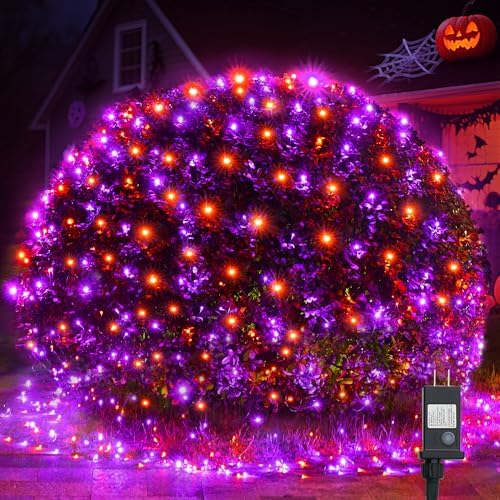 WBao Halloween Lights Outdoor 360LED 11.5ft x 6.9ft Halloween Net Lights with 8 Modes, Timer, Connectable, Waterproof & Dark Green Wire for Lawn, Bushes Outdoor Holiday Decorations, Orange Purple by WBaoOfficial