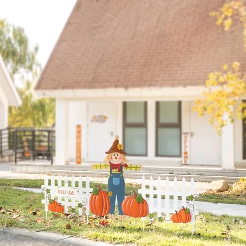 Glitzhome Fall Decorations for Outdoor, 30.75" H Metal Scarecrow,Pumpkin & Fence Thanksgiving Yard Stakes, Outdoor Fall Garden Stakes for Patio Pathway Autumn Harvest Outside Decoration,Set of 5 by Glitzhome