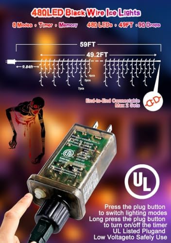 49FT 480LED Orange Purple Halloween Lights Outdoor 8 Modes Plug-in - Image 5