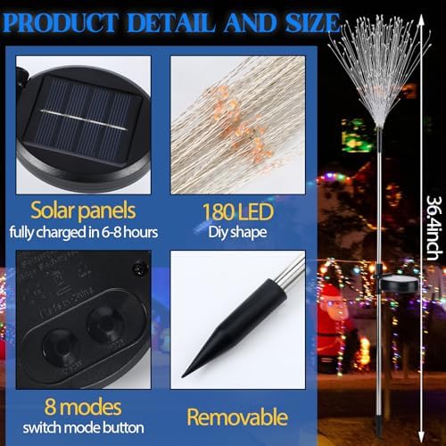 Tujoe 6 Pcs Patriot Day Solar Firework Stake Lights 180 LED 8 Modes - Image 3