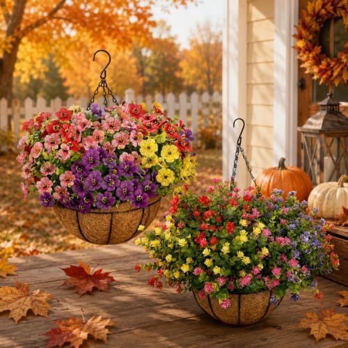 Artificial Hanging Plants Flowers with Basket 2 Packs, Artificial Hanging Flowers for Outdoors, Faux Hanging Plants Outdoor, Fake Flowers, Yellow+Purple+Pink+Red by BCBLF