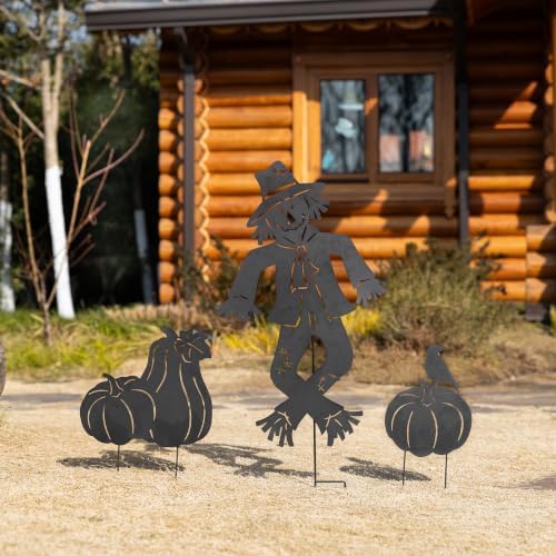 Glitzhome Fall Outdoor Decorations,36"H Fall Metal Scarecrow Pumpkin Silhouette Yard Stakes Set of 3,Scarecrows Pumpkins Silhouette Decor,Metal Yard Signs for Thanksgiving Autumn Party Lawn Garden - Image 4
