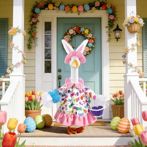 Easter Goose Outfit with Purple Basket for 23" Porch Goose Holiday Bunny Hat Costume Easter Party Outdoor Garden Patio Yard Lawn Art Decoration - Image 4