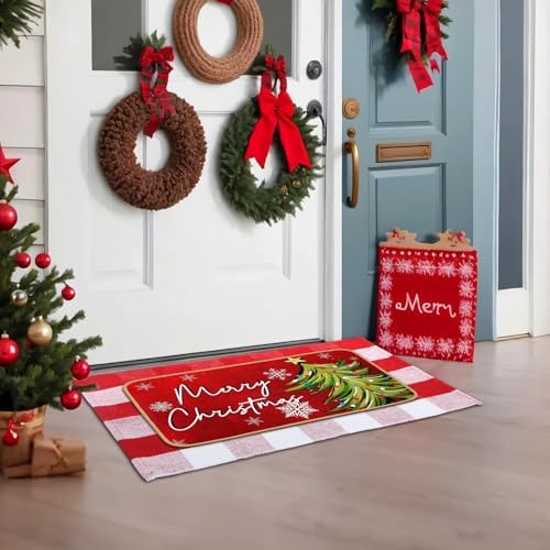 Tinideya 2 Pcs Christmas Door Mat Outdoor Whimsical Xmas Tree Front Doormat Nonslip Red and White Buffalo Plaid Layered Linen Rubber Xmas Rugs Merry Christmas Decor for Front Porch Entryway Outside - Image 4