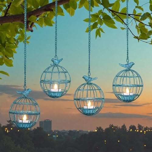 Outdoor Solar Hanging Lantern Lights, 4 Pack Rustic Ball Birdcage Hanging Candle Holder with Solar Tea Lights, Waterproof Chandelier for Tree, Pergola, Patio Decor (Vintage Blue) by ALLFORTUNE