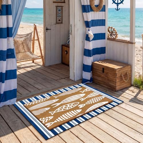 Drydiet Beach Welcome Door Mat Outdoor, Fish Non Slip Front Porch Rug, Blue - Image 3