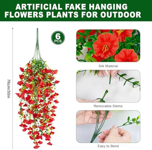6 Pcs Artificial Hanging Flowers 30 Inch Bright Red Morning Glory Vines UV Resistant Fake Hanging Plants Silk Hanging Flowers for Outdoor Garden Window Box Patriotic Christmas Valentine Decor - Image 2