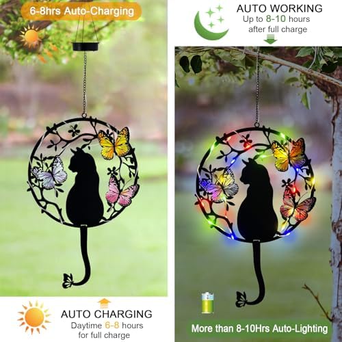 Hanging Cat Solar Lights Outdoor Garden,Black Cat & Butterfly Garden Decor - Image 5