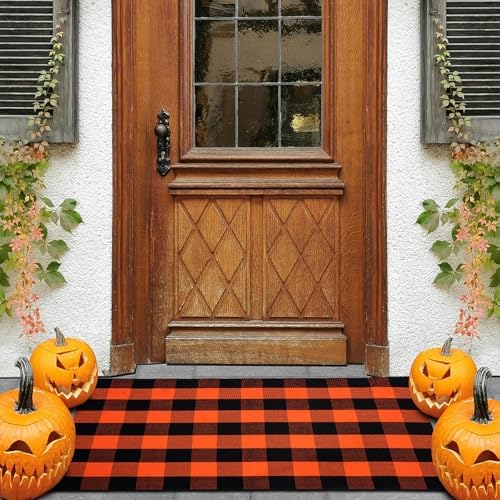 Halloween Buffalo Plaid Rug 3x5 Ft, Orange Black Indoor Outdoor Rug by PIXFAIRY