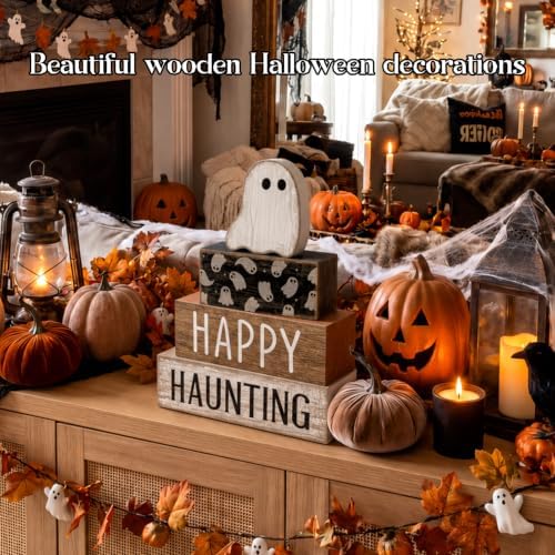Lineshading 4 Pcs Happy Haunting Wood Blocks, Halloween Farmhouse Decor - Image 5