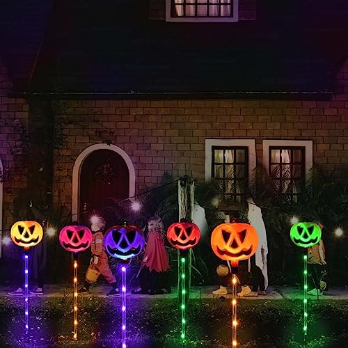 Set of 6 Solar Pumpkin Pathway Lights for Halloween Decorations Outdoor, Color Changing Outdoor Lights, Light up Jack O Lantern Pumpkins Party Porch Yard HLD578 - Image 7
