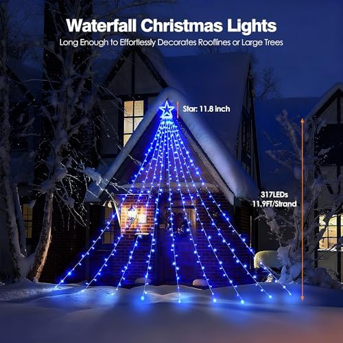BlcTec Outdoor Christmas Decorations 317 LEDs Christmas Lights with 9 Strands 11.9ft Waterfall Christmas Tree Lights, 8 Modes, UL Certified, Waterproof, Topper Star & Timer for Yard Patio Décor, Blue - Image 5