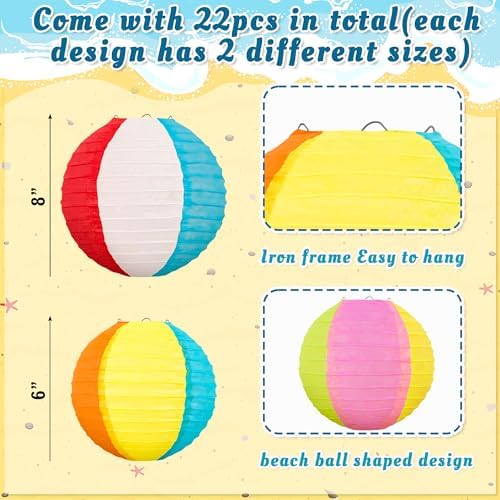22PCS Beach Ball Paper Lanterns Bulk Pool Summer Luau Hawaiian Tropical Hanging Party Decorations Indoor Outdoor - Image 3
