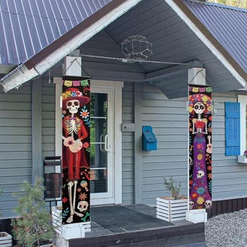 2PCS Day of the Dead Porch Banner Skeleton Couple Hanging Banner Decorations 71 x 12 Inch Front Door Sign Outdoor Decor for Halloween Mexican Festival Party Display - Image 3