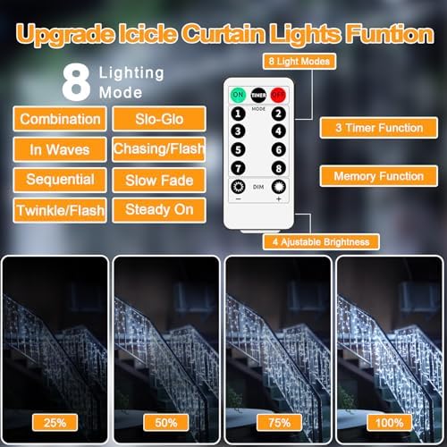 Icicle Lights for Outside 60+16Ft 600 LED Christmas Lights Outdoor Waterproof Connectable Timer Memory Dimmable Plug in Twinkle Curtain Light for Xmas Halloween Indoor Patio Balcony Decorations - Image 2