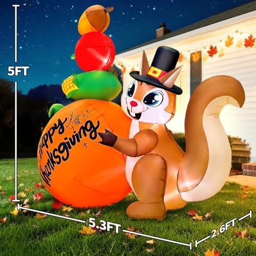 5FT Thanksgiving Inflatables Outdoor Decoration Inflatable Squirrel Pumpkin, Built in LED Lights Blow Up Yard Decorations for Fall Holiday Party Garden Lawn Décor - Image 5