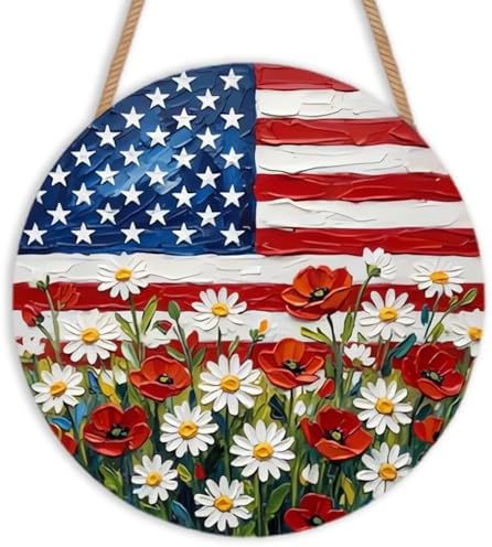 4th of July Patriotic American Flag Wooden Door Sign Round Hanging Wall Decor with Daisy Flowers Designs 2D Wood Independence Day Door Hanger Decoration for Home, Porch, Farmhouse by BHOOKA