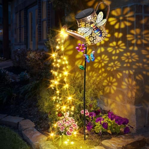 Solar Metal Watering Can with Bee and Cascading Lights Outdoor Decor by Newinhome