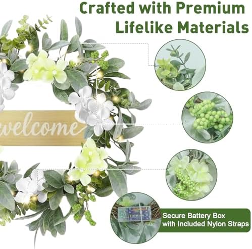 Welcome Mat Wreath Set with Lights Front Door Greenery Spring Doormat Wreaths All Season Summer Floral Artificial Decor for Porch Entryway Wall Farmhouse Patio Garden Festival 18in - Image 6