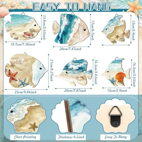 CroBlissful 6 Pcs Summer Fish Wall Decor Beach Coastal Wood Wall Art - Image 2