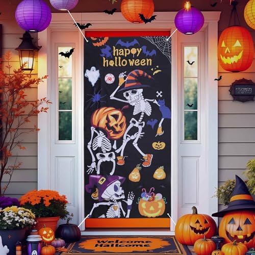 Halloween Decorations Pumpkin Skull Door Cover Decor for Front Door Porch Outdoor Decor Window Wall by BULLSPANN