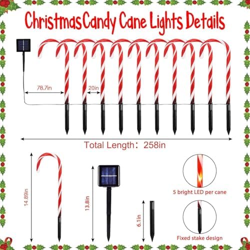 20 Pack Solar Christmas Candy Cane Lights, Christmas Decorations Outdoor Waterproof, Solar Powered Pathway Lights with 8 lighting Modes & Memory Function for Outside Party Garden Yard Patio Decoration - Image 3
