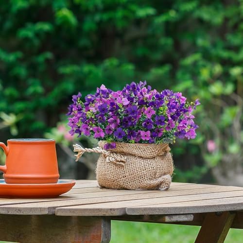 INXUGAO Artificial Faux Plants Flowers Outdoor Spring Summer Decoration, 12 Bundles Fake Silk Colorful Daisy Eucalyptus Realistic UV Resistant for Outside Home Planter Porch Patio Yard Decor (Purple) - Image 7