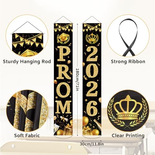 2026 Prom Decorations Banner Set of 2, 12" x 71" Black Gold Graduation Night Party Door Porch Sign Banners for School Home Yard Lawn Front Door Decor, 2026 Pom Parties Backdrop Decoration Indoor Outdoor - Image 2