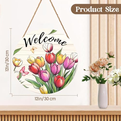 Tulip Welcome Sign for Front Door Decor Spring Flower Wall Hanging Sign Summer Decorations Floral Wooden Wreath Farmhouse Door Hanger Sign for Spring Summer Party Indoor Outdoor Decor 12 Inch - Image 2