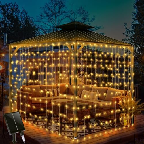 32.8 * 6.56FT Large Size Solar Curtain Lights Outdoor, 8 Modes Outdoor Curtain String Light, Solar Garden Christmas Lights Decortions for Patio, Gazebo, Eaves, Fence, Tree, Porch (Warm White) by Unknown