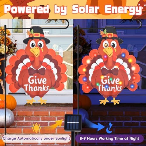 19 x 25 Inches Lighted Thanksgiving Turkey Garden Flag – Give Thanks Double-Sided Outdoor Thanksgiving Decorations with Multicolor LED Lights, Solar Powered Fall Yard Flag for Porch, Lawn, and Patio - Image 2